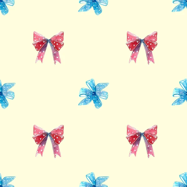 Red and blue bows, swirl lollipop sucker with hearts seamless pattern — Stock Photo, Image