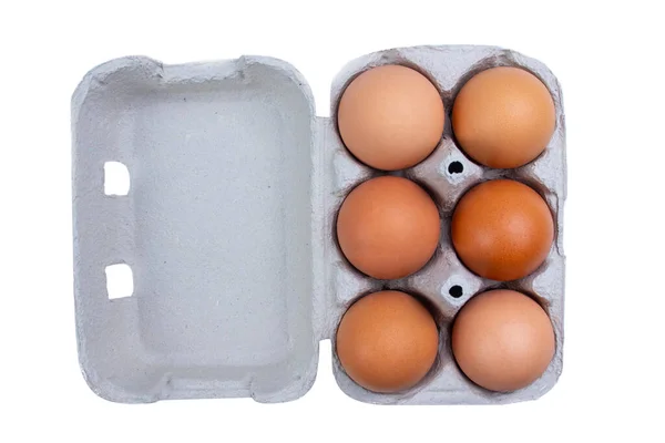 Caja Huevos Aislada Blanco Con Tapa Seis Huevos Marrones Bandeja —  Fotos de Stock