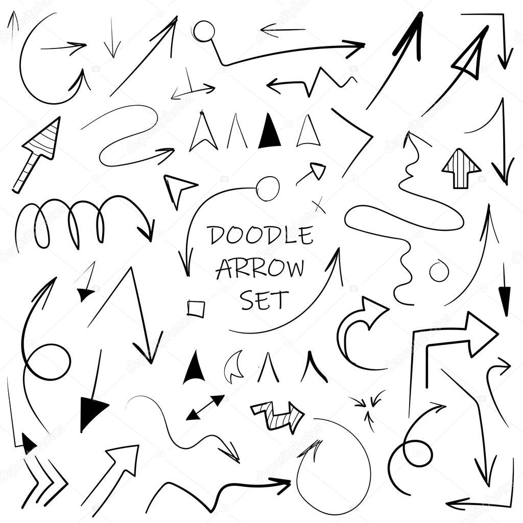 Doodle hand drawn arrow line sketch set. Pencil or pen draft arrow elements for inforgraphics and mindmaps