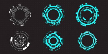 Hedef ekran ve sınır hedef kontrol paneli için fütüristik HUD yuvarlak elementler. Oyun UX Kullanıcı Arayüzü için Sci Fi kullanıcı arayüzü setinin ekran ögeleri.