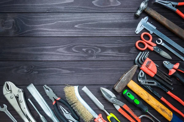 Background from various tools on wooden workbench. top view.copy space — Stock Photo, Image