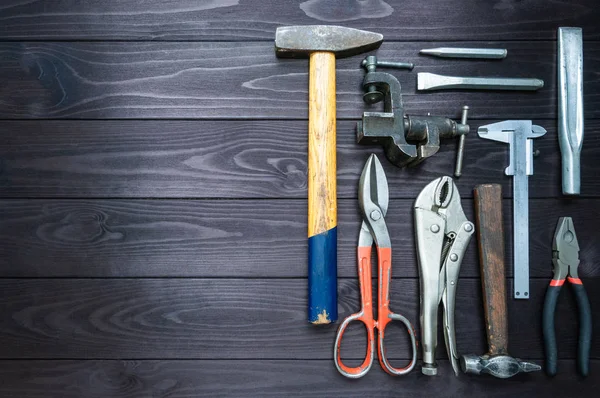 Background from various tools on wooden workbench. top view.copy space — Stock Photo, Image