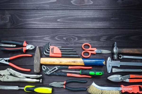 Background from various tools on wooden workbench. top view.copy space — Stock Photo, Image