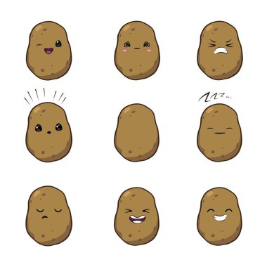 vektör çizim üzerinde beyaz izole bir patates sevimli çizgi sebze vektör karakter kümesi. Duygular. Stickers.Kawaii