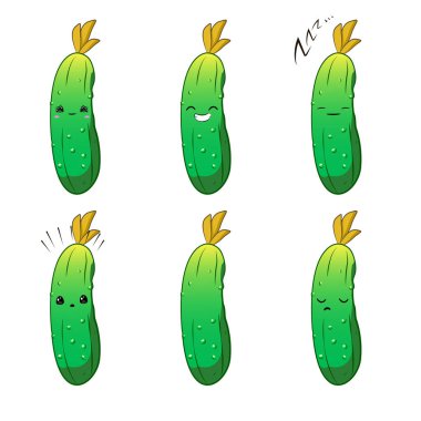 Sevimli çizgi sebze vektör karakter kümesi üzerinde beyaz izole. Duygular. Stickers.Kawaii