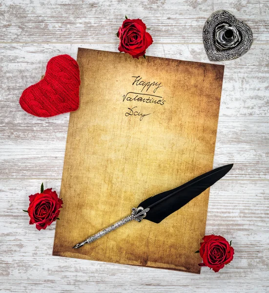 Happy Valentines Day card with love hart, roses and quill