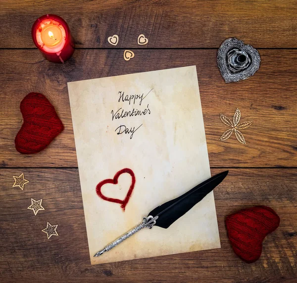 Happy Valentines Day card with love harts, candle and quill