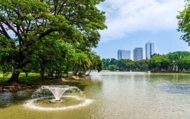Çeşme ile bir gölet, şehir parkında Bangkok gökdelenler görünümü