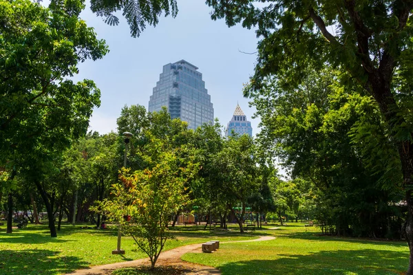Vista en los rascacielos de Bangkok desde el parque Lumpini, oasis verde en la ciudad —  Fotos de Stock