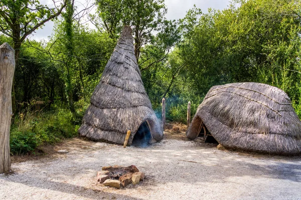 Old thatch cottage with camp fire, concept of early age human settlement