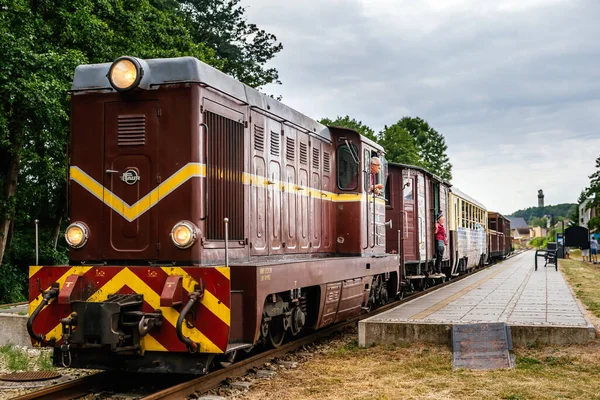 Antiguo tren diésel de vía estrecha con salida desde la estación de tren —  Fotos de Stock