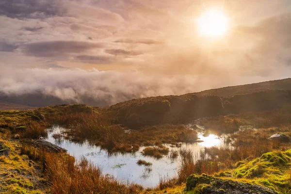 Nevoeiro Névoa Céu Dramático Sobre Pântano Pântano Com Sol Refletindo — Fotografia de Stock