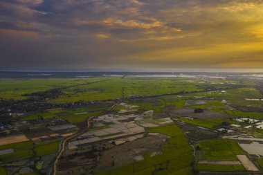 Pirinç tarlaları ve nehir üzerinde gökyüzünde gün batımı hava drone shot 