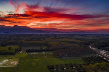 Pirinç tarlaları bulutlu gün batımında Tay kırsal manzara 