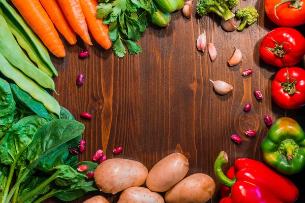 Légumes Crus Sur Fond Table Bois Produits Frais Ferme Cuisiner — Photo