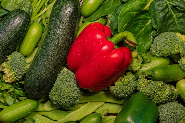 Légumes Verts Frais Concombre Épinards Brocoli Courgettes Persil Haricots Verts — Photo