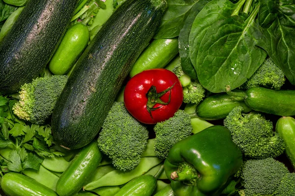 Légumes Verts Frais Concombre Épinards Brocoli Courgettes Persil Poivron Paprika — Photo