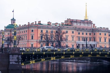 Panteleimon bridge in St. Petersburg. Historical forged bridge with gilding. Russia. January 3, 2018 clipart