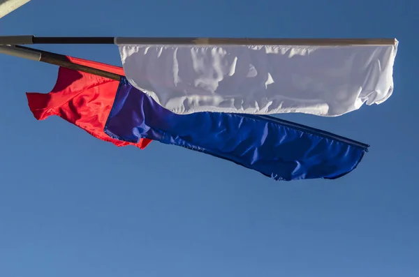 Flags are blue, white and red. Tricolor against the blue sky. Flags in a strong wind. National holiday, decoration of the city.