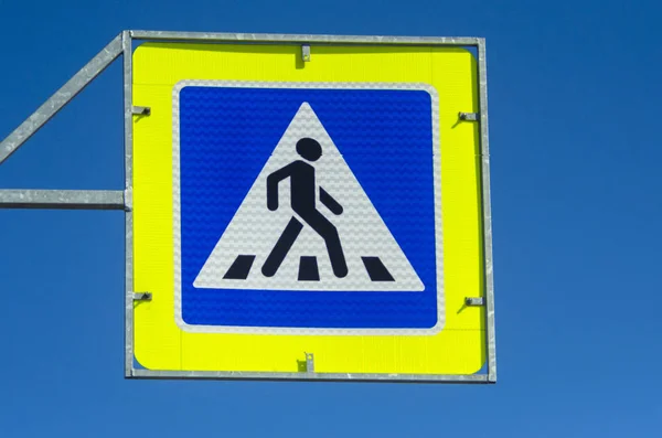 Traffic Sign Pedestrian Crossing Blue Sky Square Blue Yellow Crossing — Stock Photo, Image