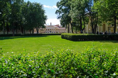 Çimenli yeşil bahçe. Çimli yaz avlusu. Güzel yaz manzara manzara parkı. Kartpostalda arka plan için doğa.