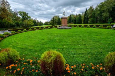 Çimenli yeşil bahçe. Çimli yaz avlusu. Güzel yaz manzara manzara parkı. Kartpostalda arka plan için doğa.