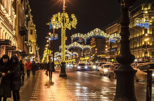 Nocne Miasto Przed Świętami Światła Nowego Roku Petrburg Nevsky Prospect — Zdjęcie stockowe