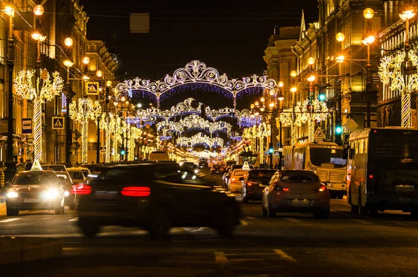 Nocne Miasto Przed Świętami Światła Nowego Roku Sankt Petersburga Bogato — Zdjęcie stockowe