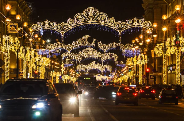 Nocne Miasto Przed Świętami Światła Nowego Roku Sankt Petersburga Bogato — Zdjęcie stockowe