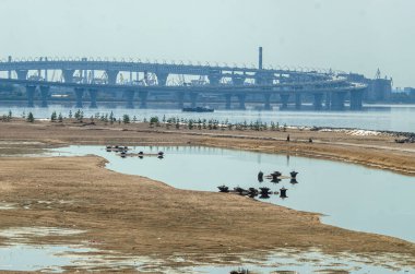Deniz kenarında bir yerleşim tesisi inşa etmek. Morskaya setinin inşaatı devam ediyor. Suyun kenarındaki kumda evler. Rusya, St. Petersburg, 9 Haziran 2020