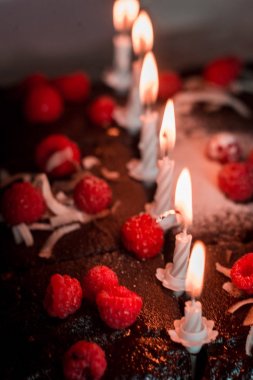 lezzetli ev yapımı çikolata doğum günü pastası bazı raspber süslenmiş