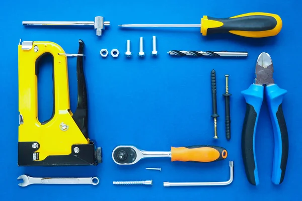 Set Hand Tools Construction Repair Neatly Laid Out Blue Background — Stock Photo, Image