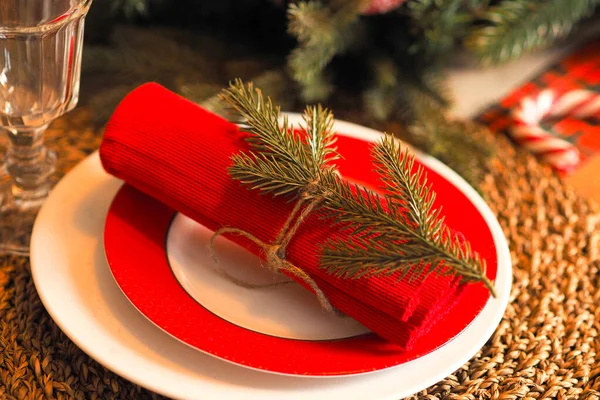 Christmas Set Table Glass Goblet Plates Red Napkin Branch — Stock Photo, Image