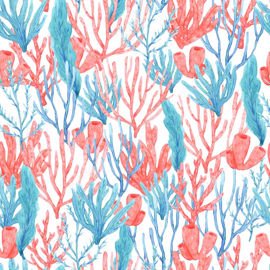 Seamless pattern of watercolor hand drawn corals and seaweed. Can be used for gift wrapping paper, fabric, stationery and other printing products.