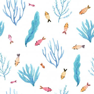 Küçük balık ve yosun dikişsiz suluboya desen.