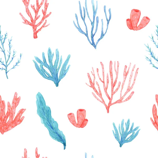 Бесшовный рисунок из акварели, нарисованных кораллами и водорослями — стоковое фото