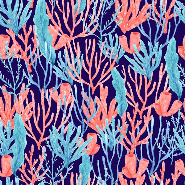 밝은 수채화 손 그린 산호와 바다의 원활한 패턴 — 스톡 사진