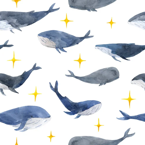 Seamless pattern of watercolor calm whales in gray and blue tone