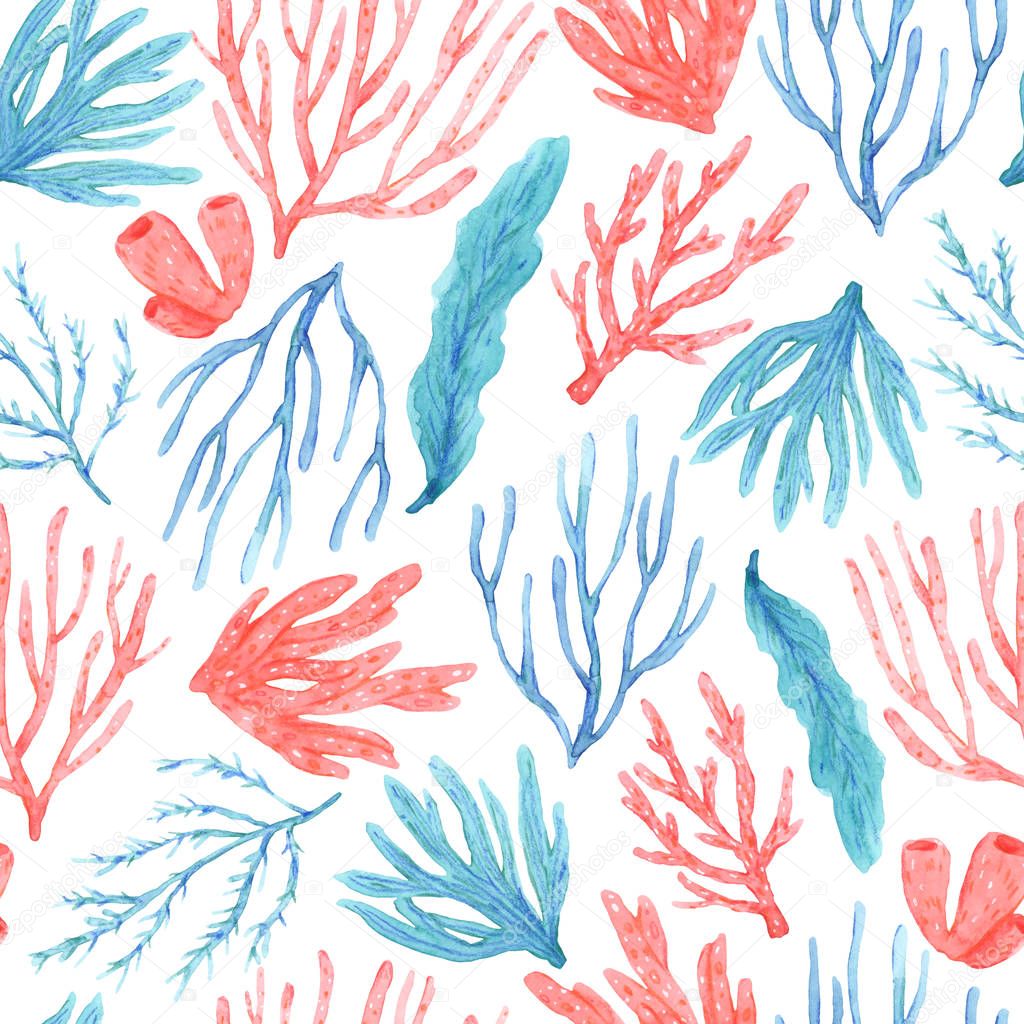Seamless pattern of watercolor hand drawn corals and seaweed. 