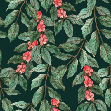 Kırmızı kahve meyveli kahve dallarının dikişsiz suluboya deseni.