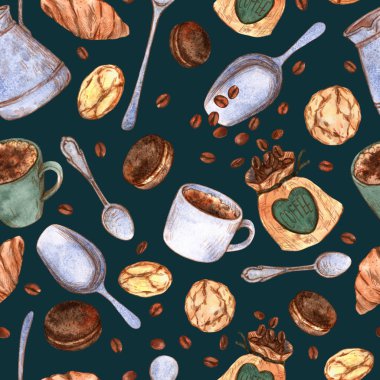 Kahve, kurabiye, fincan, çay kaşığı ve kavrulmuş kahve çekirdeği yapmak için suluboya eskiz malzemeleri.