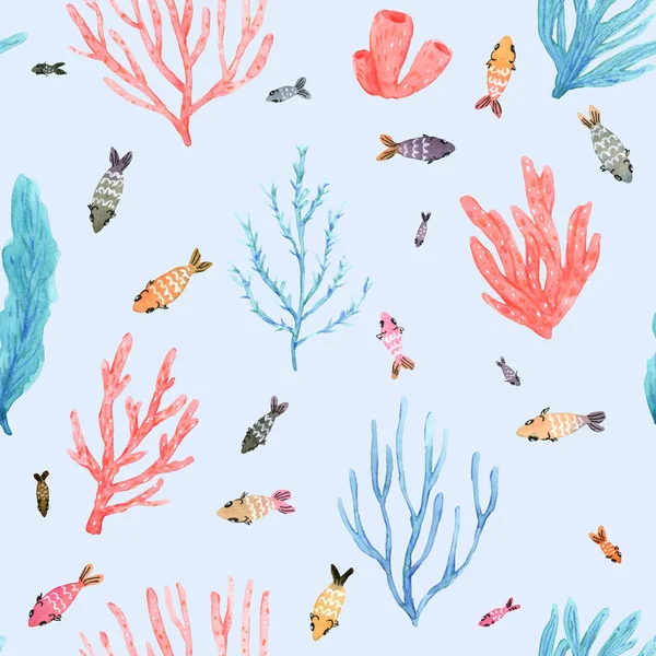 Jasne koralowce, wodorosty morskie i małe ryby inspirowane podwodnym życiem. — Zdjęcie stockowe