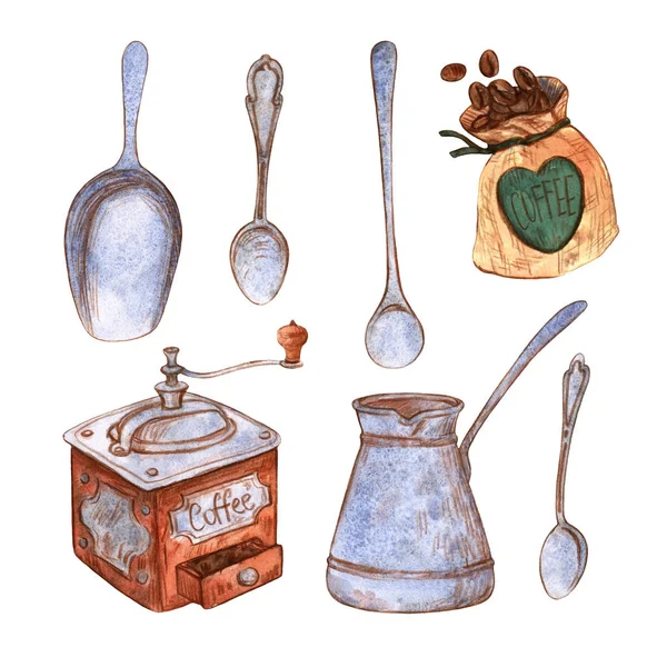 Kahve yapmak için suluboya eşyalar.