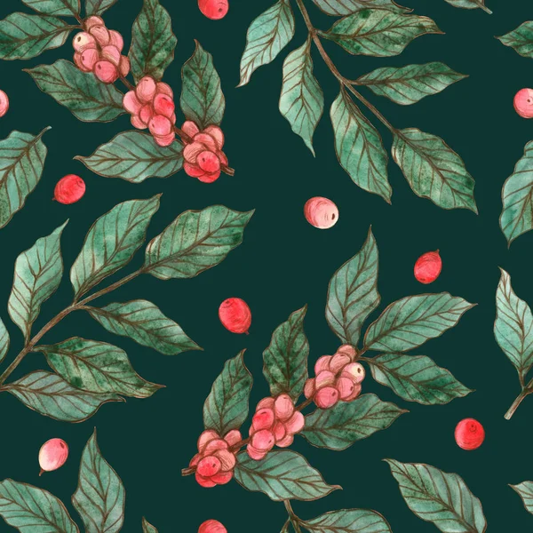 Kırmızı kahveli kahve dallarının dikişsiz suluboya desenleri — Stok fotoğraf