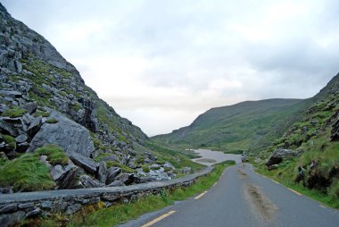 Arka planda bir göl, İrlanda manzarası boyunca uzanan yol