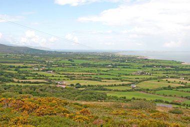 Yeşil manzaralı bir tepeden bir sürü tarlası olan İrlanda manzarası