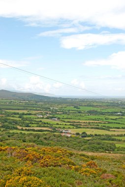Yeşil manzaralı bir tepeden bir sürü tarlası olan İrlanda manzarası