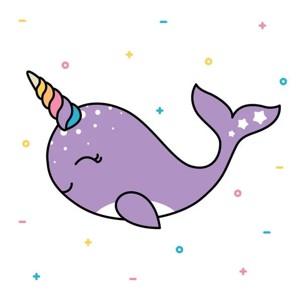 Schattige lachende pastel walvis met kleurrijke unicorn horn op witte achtergrond — Stockvector