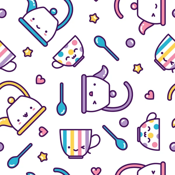 Tazas de té Kawaii y calderas patrón sin costuras lindo pastel — Vector de stock