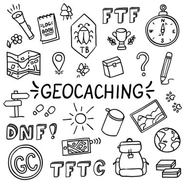 Geocaching doodle çizim ekipmanları seti konsept vektör